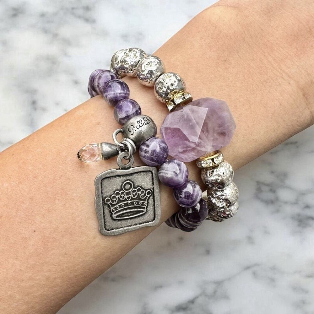 Amethyst Bead Bracelet Stack Purple Silver Tone Crown Charm Brutalist Style